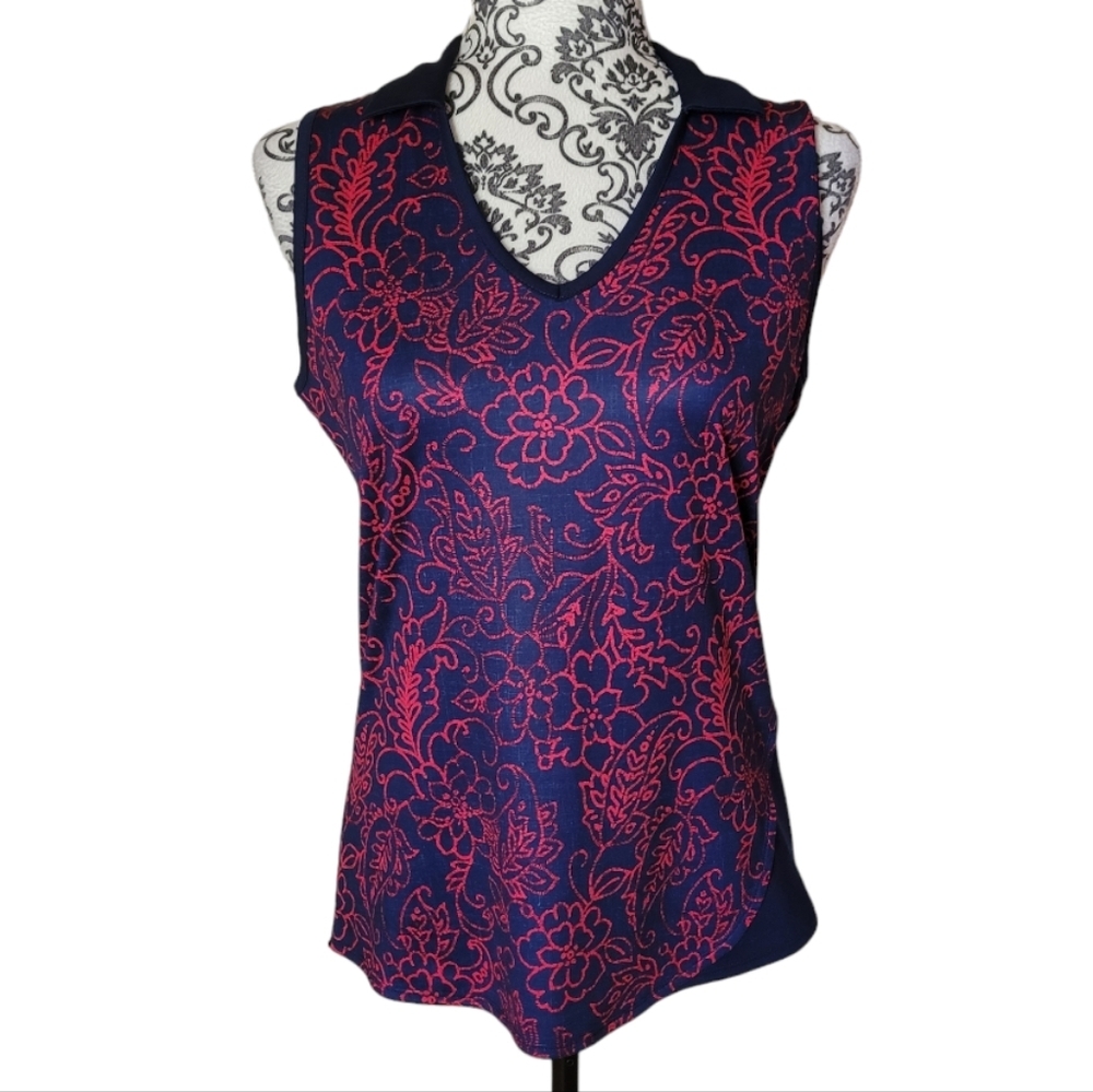 Callaway navy and red floral sleeveless golf shirt size medium